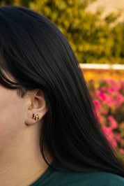 Close-up of a person with long dark hair wearing bighorn sheep wood earrings, with a blurred natural background.