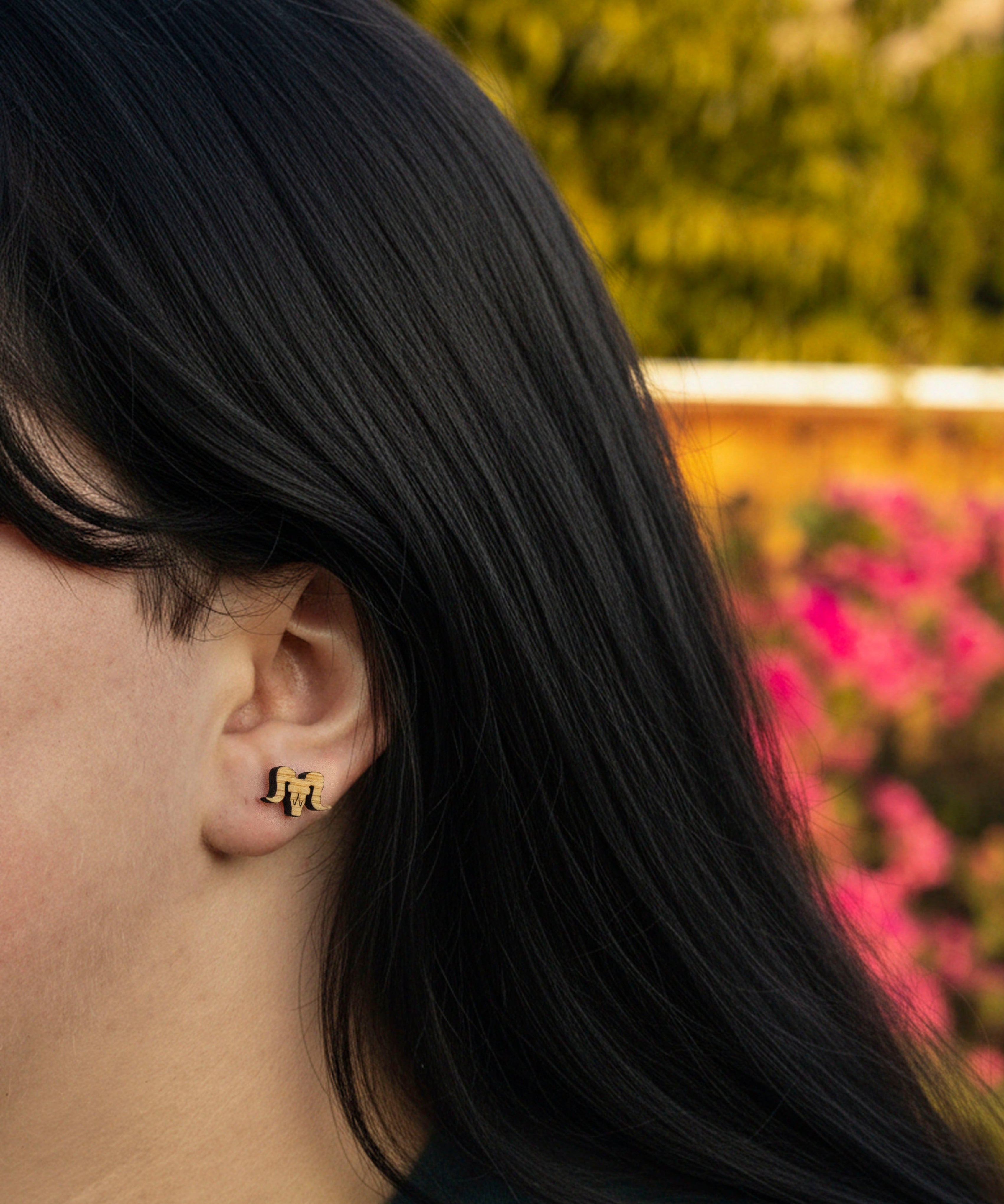Close-up of a person with long dark hair wearing bighorn sheep wood earrings, with a blurred natural background.