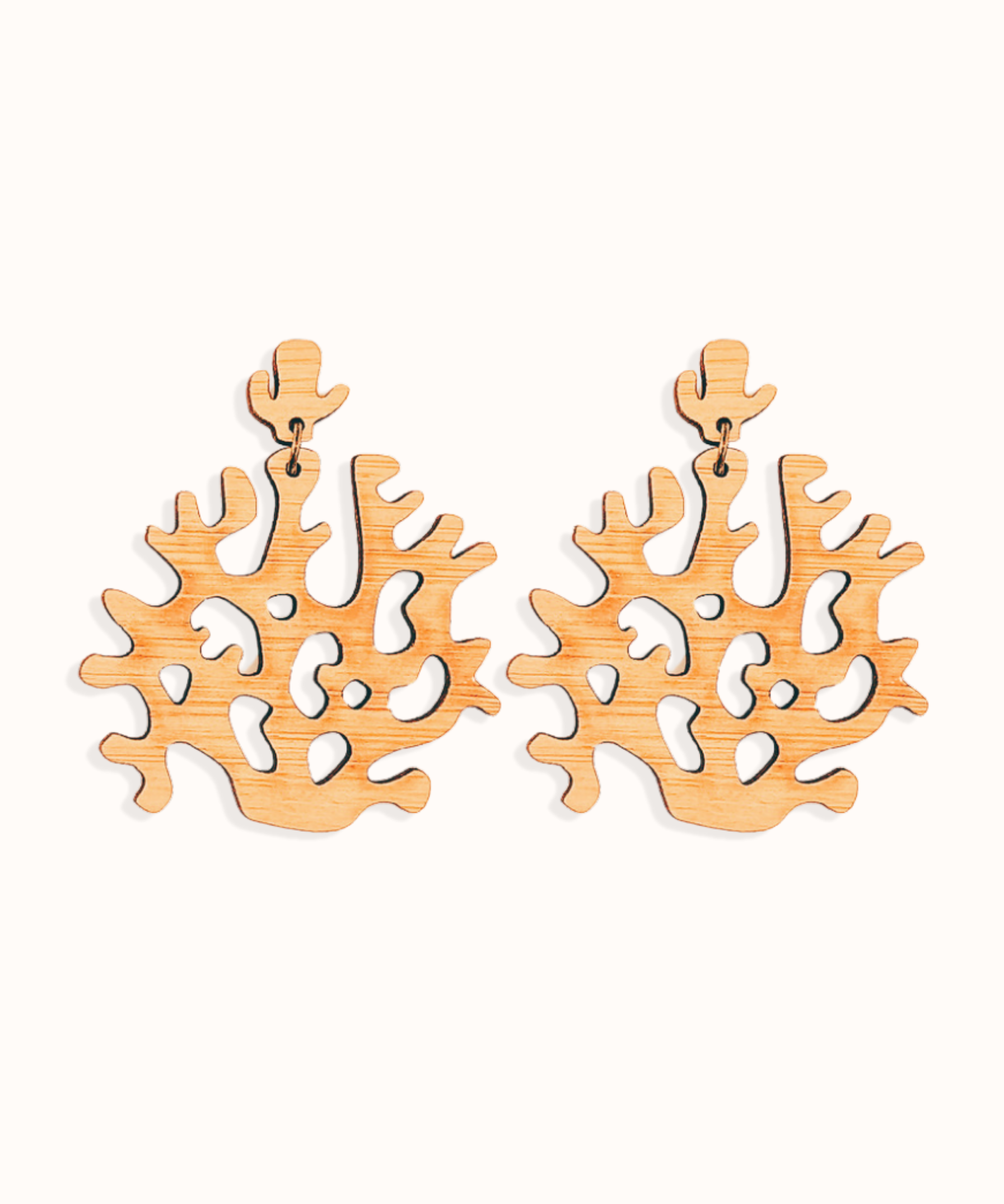 Wooden coral-shaped earrings on a white background. Perfect gift for scuba friends