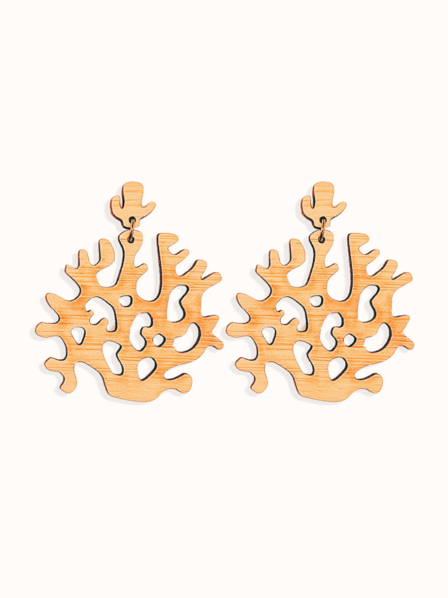 Wooden coral-shaped earrings on a white background. Perfect gift for scuba friends