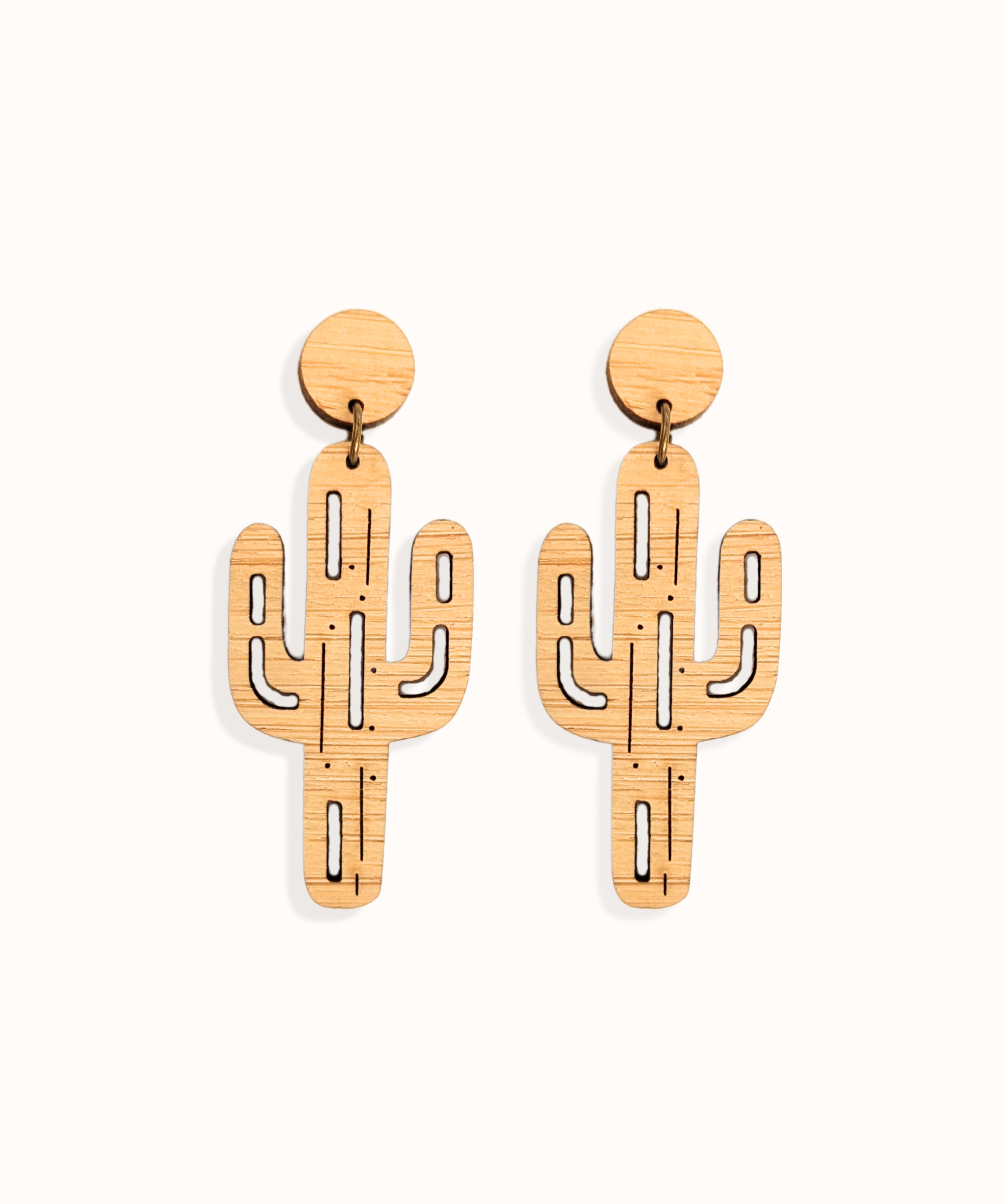 Cactus-shaped Bamboo earrings on a white background. Gift for desert lovers
