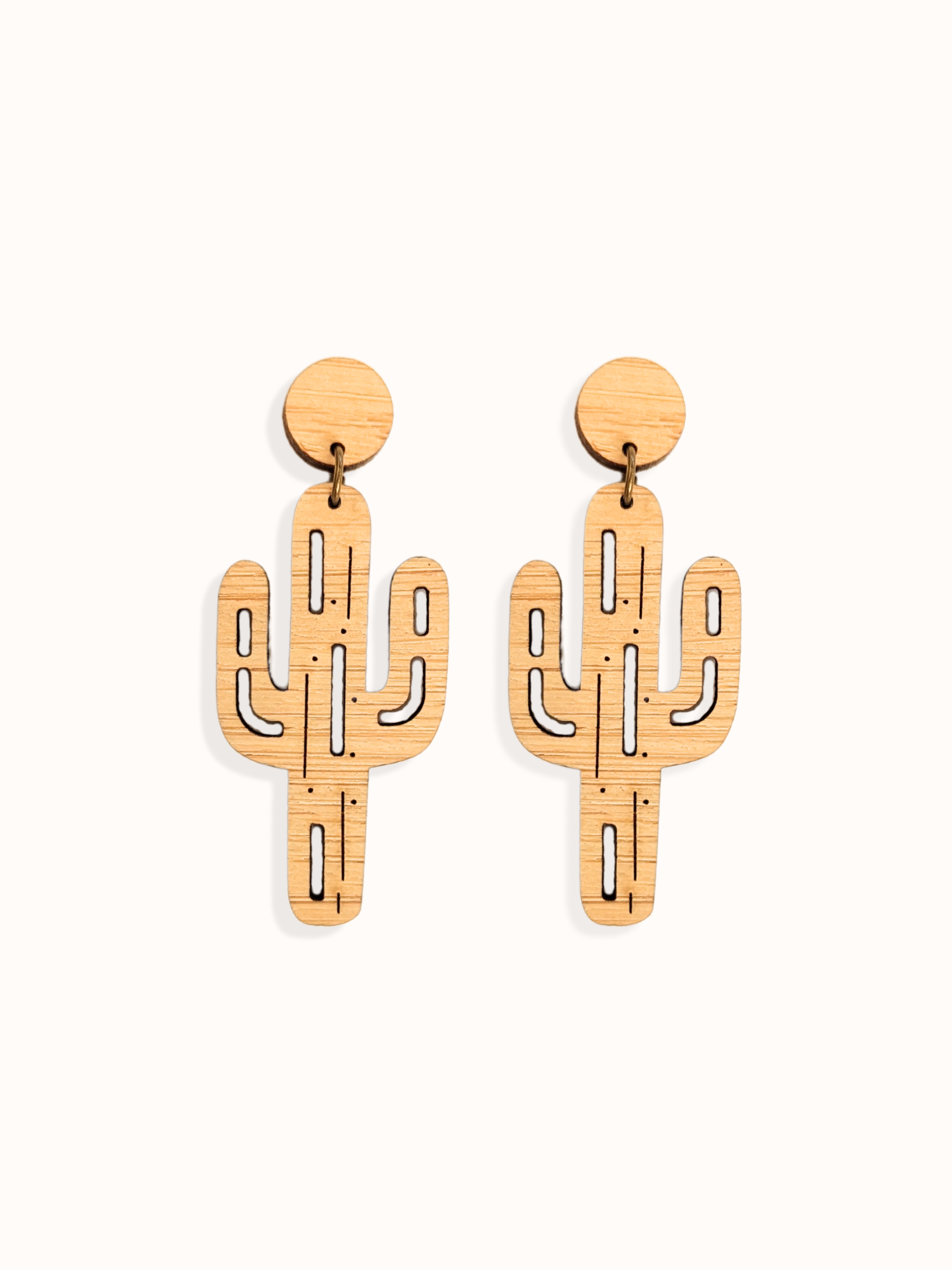 Cactus-shaped Bamboo earrings on a white background. Gift for desert lovers