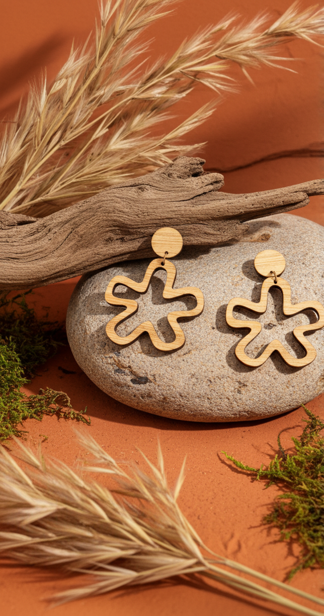 Wood abstract start cut out dangles earrings on a stone with natural elements