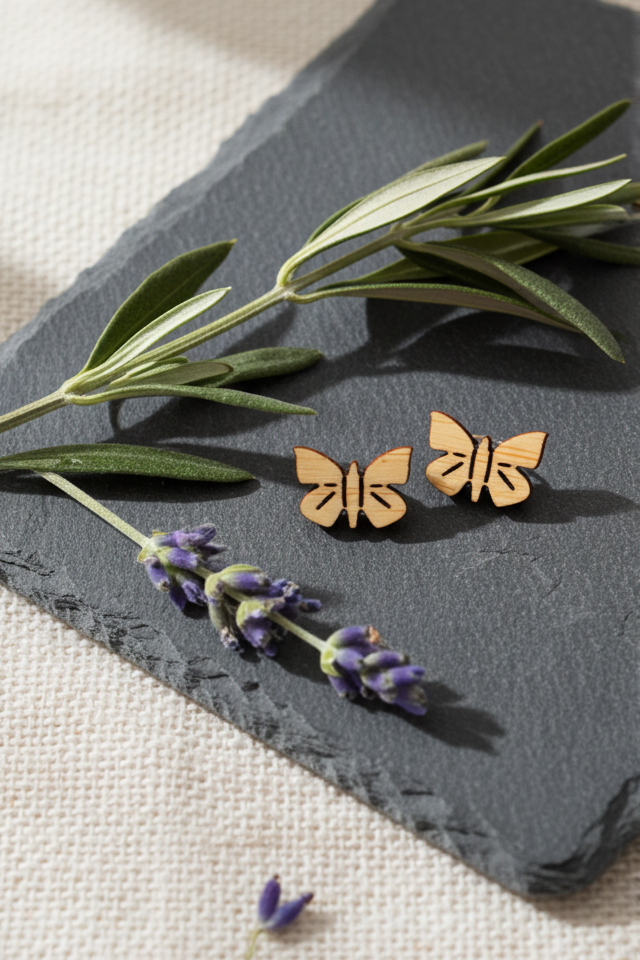 Butterfly-shaped earrings on a dark slate surface with lavender flowers.
