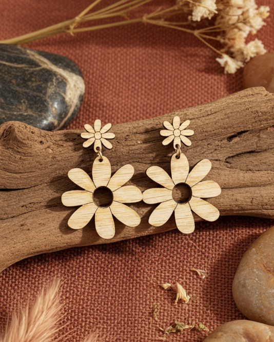 Floral earrings on a rustic background with wood, stones, and dried plants.