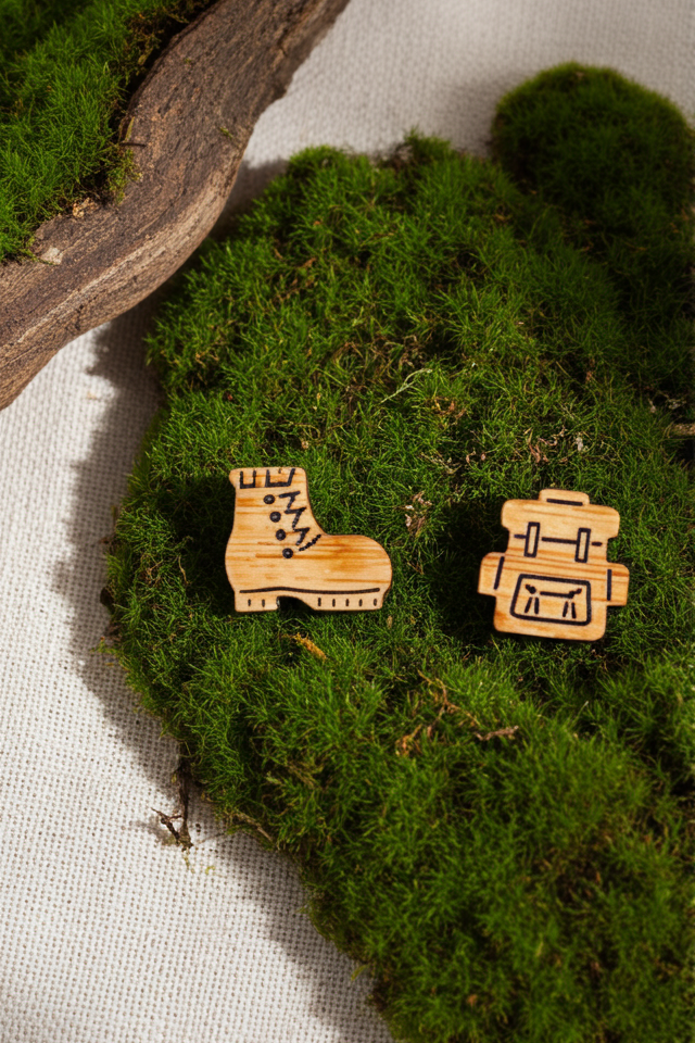 Wooden boot and backpack stud earrings on a patch of green moss.