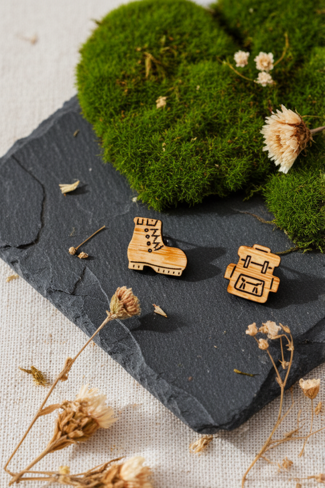 Wooden hiking boot and backpack-shaped earrings on a slate surface with moss and dried flowers.