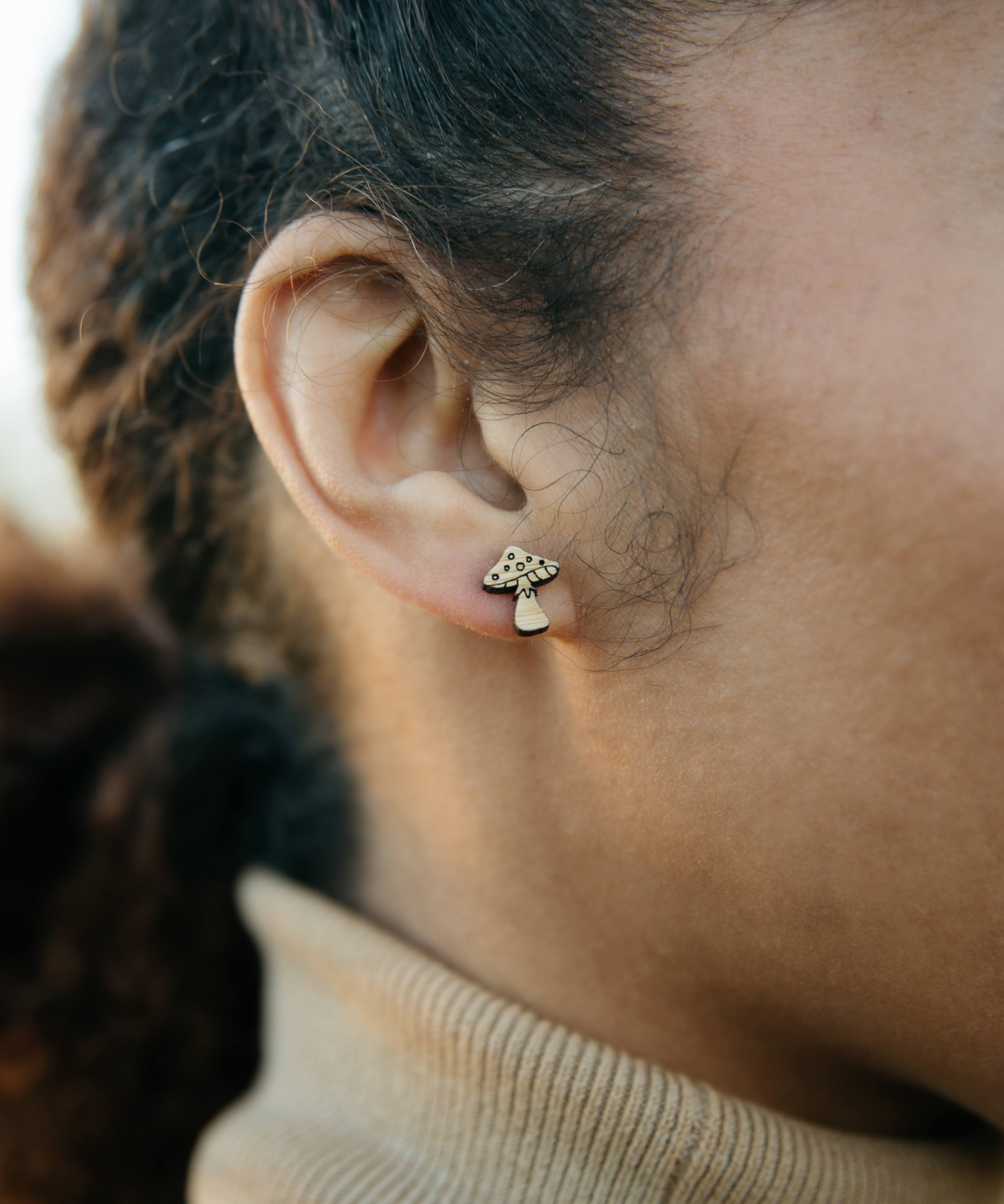 mushroom bamboo earrings, hypoallergenic studs, eco friendly