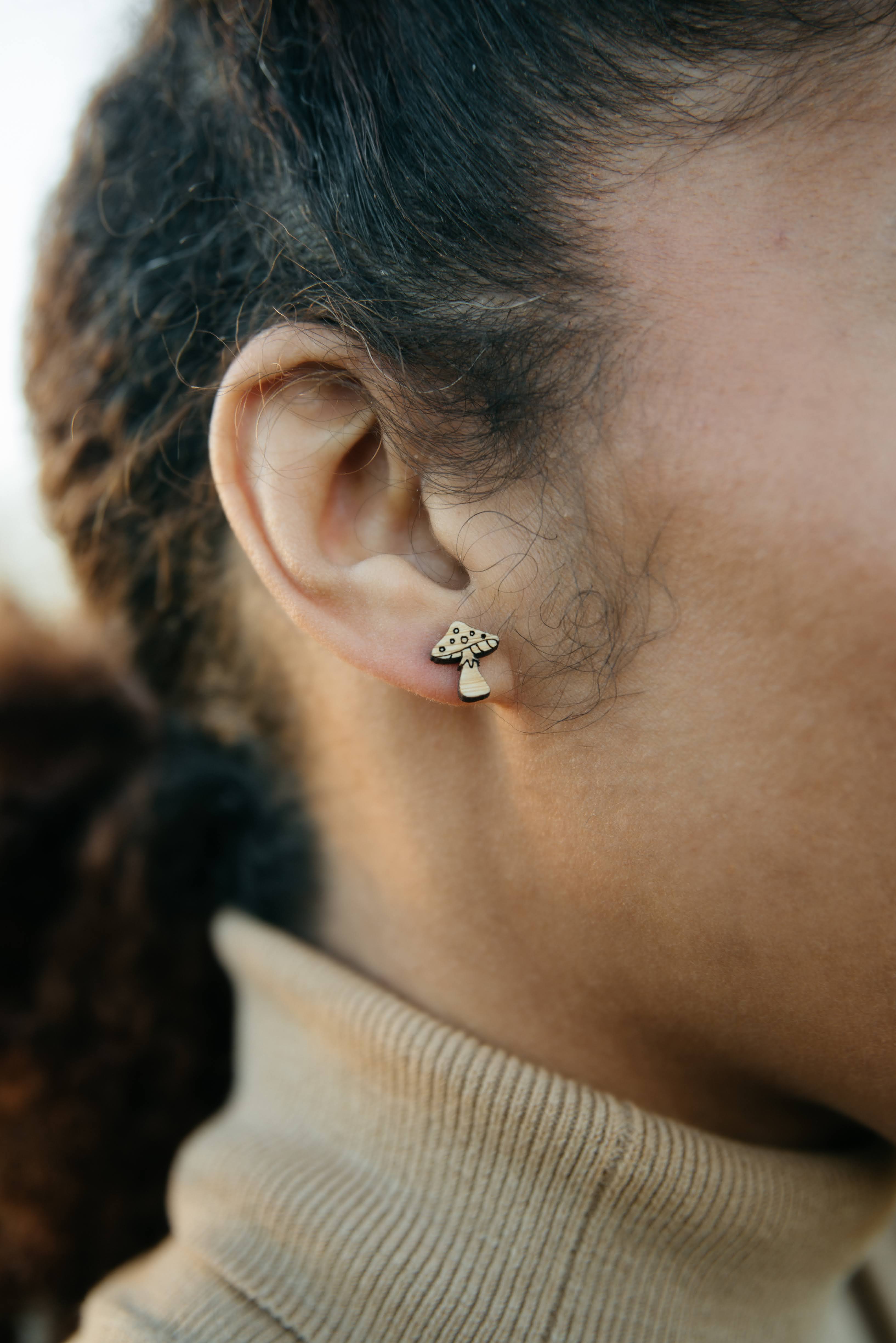 mushroom bamboo earrings, hypoallergenic studs, eco friendly