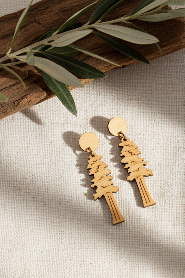 Wooden pine tree-shaped earrings on a neutral background with olive branch