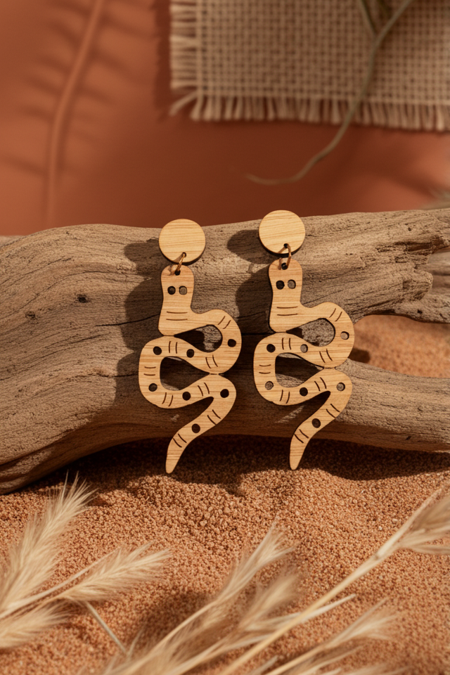 wood snake-shaped dangle earrings on a rustic wooden surface with dried grasses.