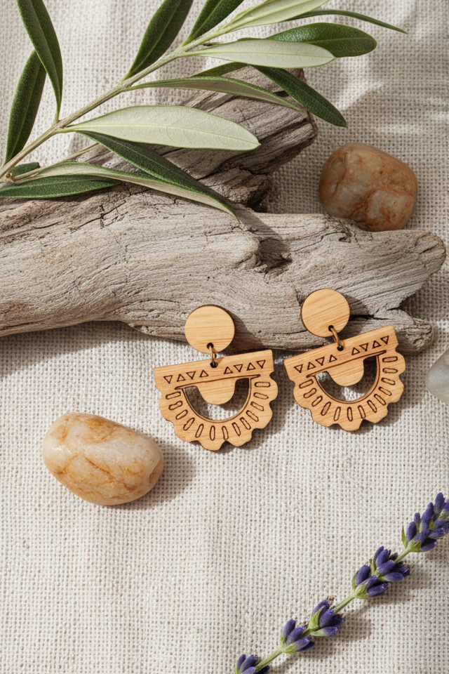 Wooden earrings, looking like a sunset on a natural background with stones and lavender.